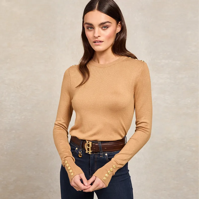 Holland Cooper Ladies Buttoned Knit Crew Neck - Dark Camel-3