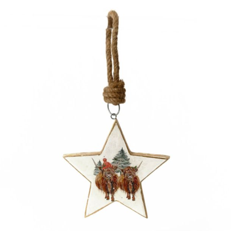 Langs Christmas Mango Wood Highland Cow Star White Hanger with Jute String-2