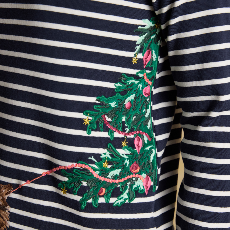 Joules Ladies Christmas Harbour Long Sleeved Top - Navy/White-6