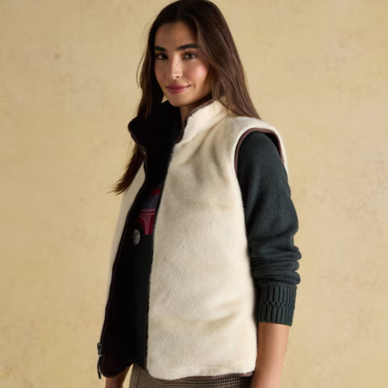 Joules Ladies Reversible Fur Gilet - Brown/Cream-4