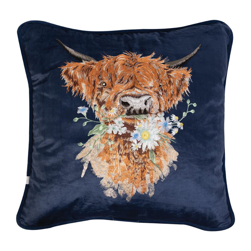 Wrendale Highland Cow Embroided Cushion - Daisy Coo