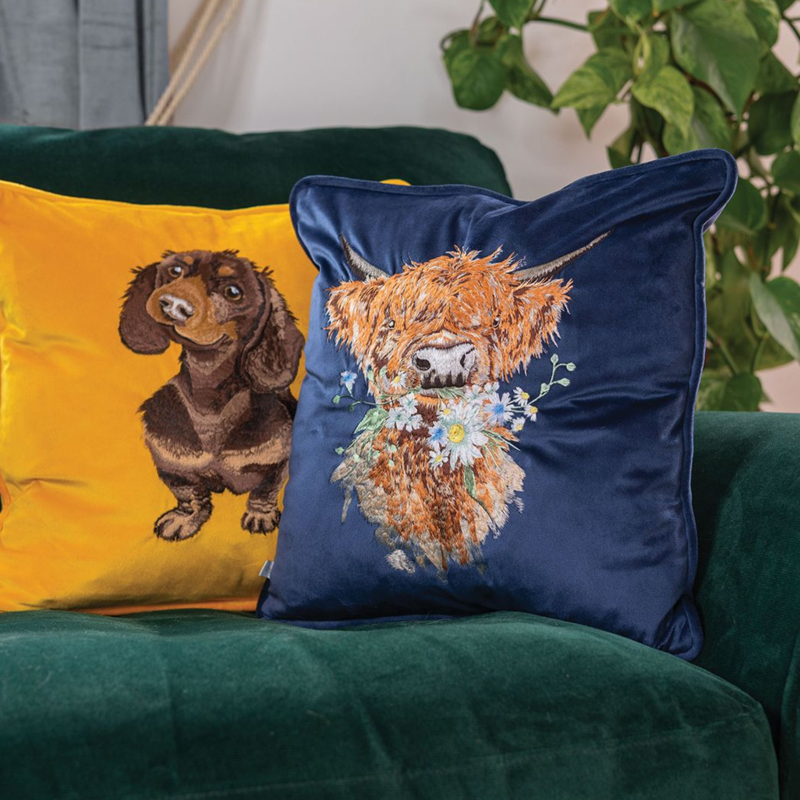 Wrendale Highland Cow Embroided Cushion - Daisy Coo-1