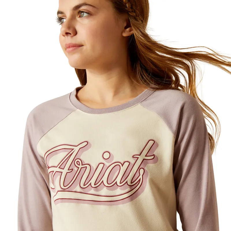 Ariat Youth Pony Script Baseball T-Shirt - Natural / Purple Dove Heather-1