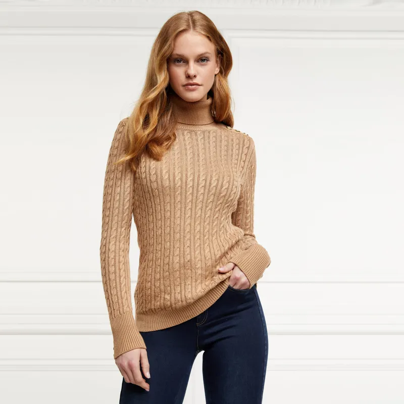 Holland Cooper Seattle Roll Neck Cable Knit - Dark Camel Marl-3