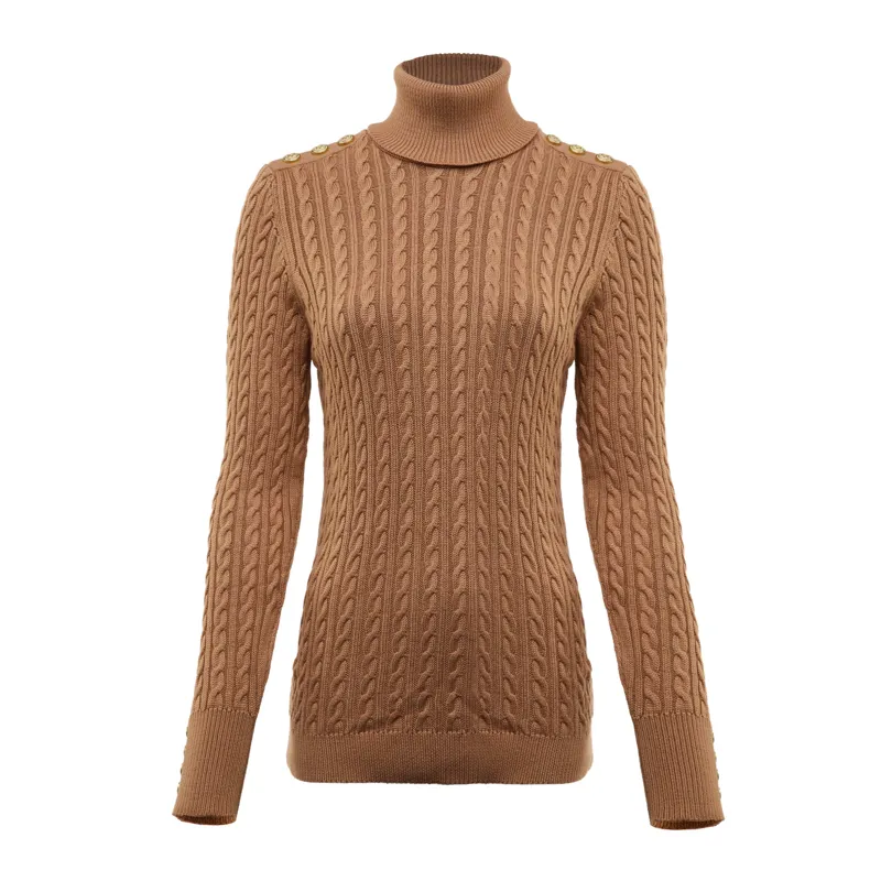 Holland Cooper Seattle Roll Neck Cable Knit - Dark Camel Marl