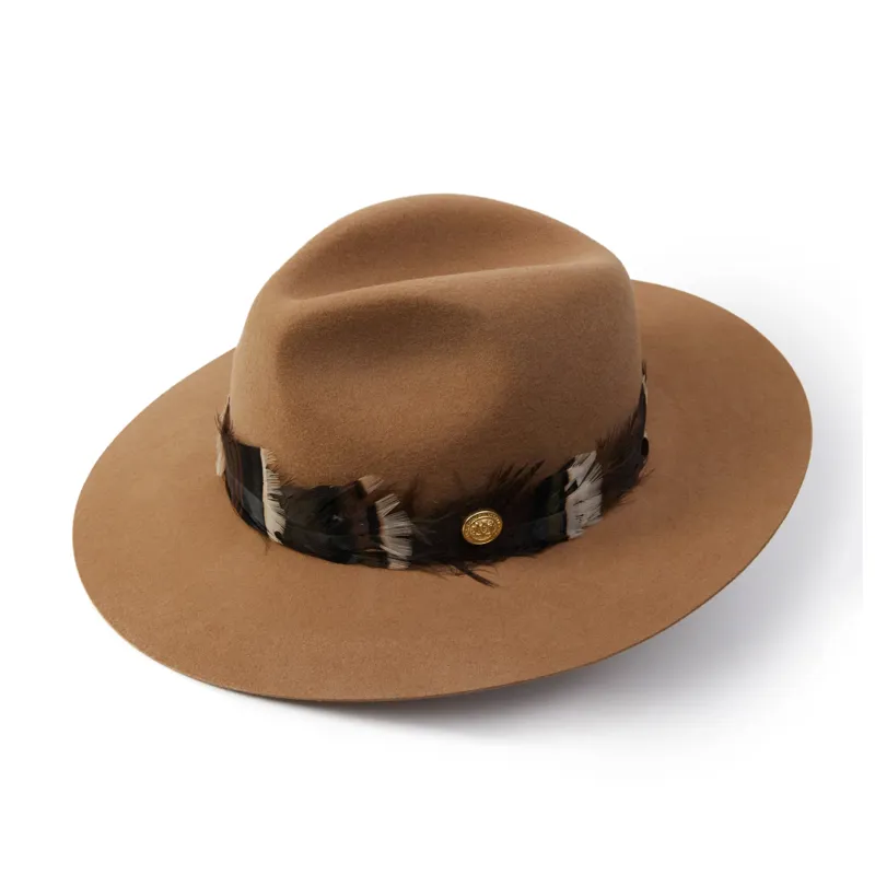 Holland Cooper Trilby Hat Iridescent Feather Band - Camel