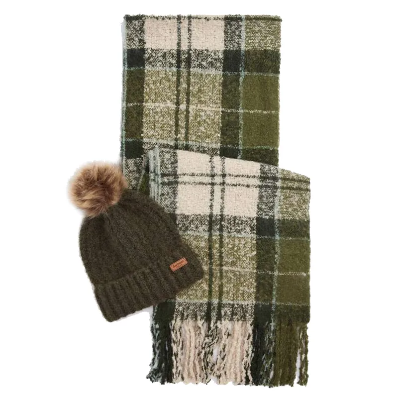 Barbour Saltburn Beanie and Tartan Scarf Gift Set - Ancient Loden/Dark Green-1