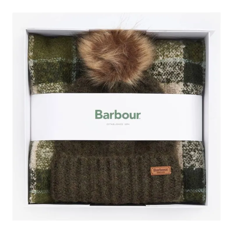 Barbour Saltburn Beanie and Tartan Scarf Gift Set - Ancient Loden/Dark Green
