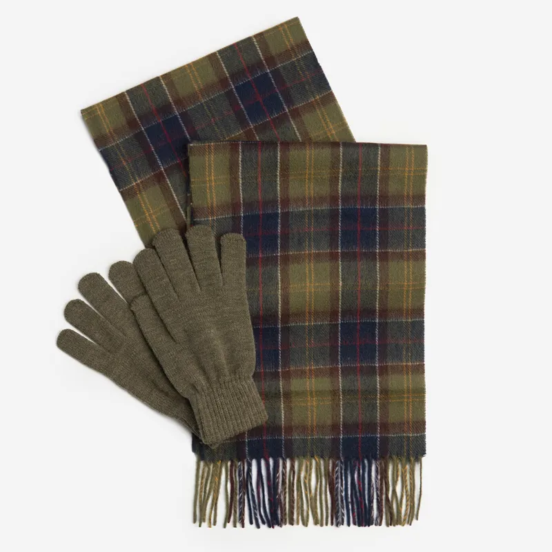 Barbour Mens Tartan Scarf and Glove Gift Set - Classic/Olive