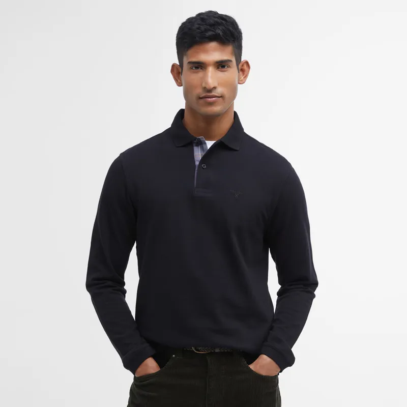 Barbour Mens Essential Long Sleeved Tartan Pique Polo Shirt - Black-1
