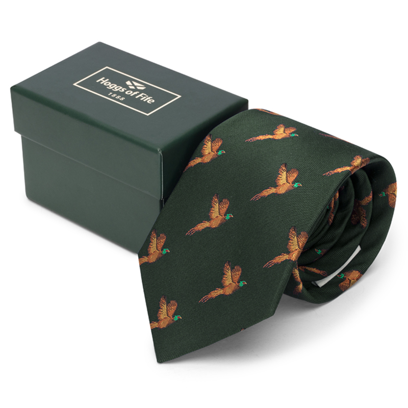 Hoggs Of Fife Boxed 100 Silk Woven Pheasants Tie - Green-1