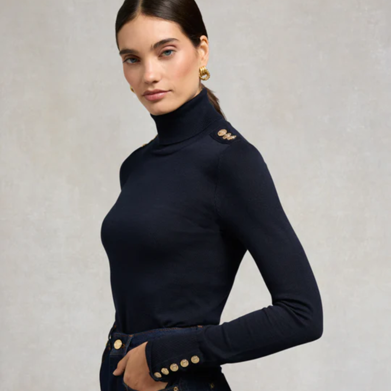 Holland Cooper Buttoned Knit Roll Neck - Ink Navy-6