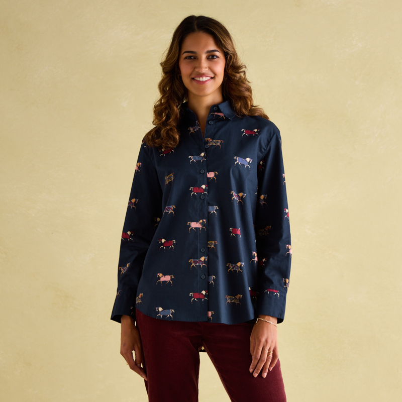 Joules Amilla Navy Cotton Shirt - Horses-1
