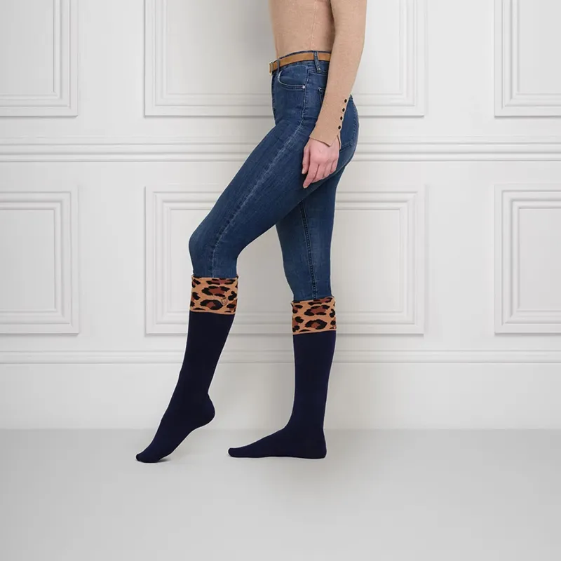 Fairfax and Favor Ladies Signature Knee High Socks - Navy/Leopard-1