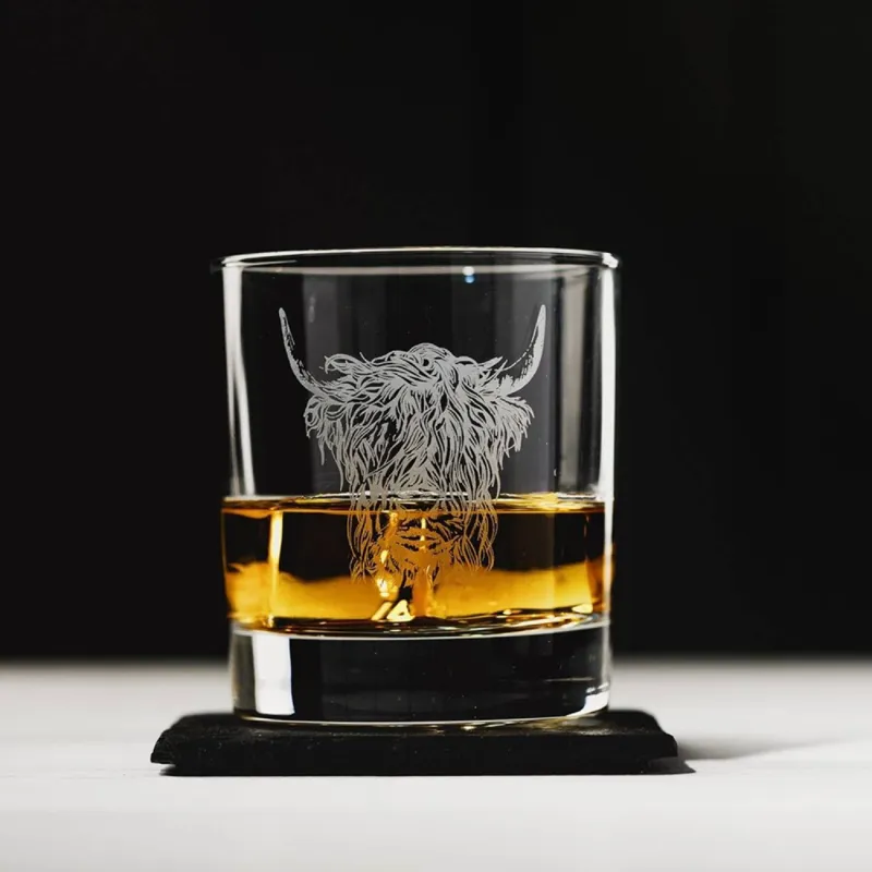 Selbrae House Highland Cow Engraved Glass Tumbler and Slate Coaster Gift Set