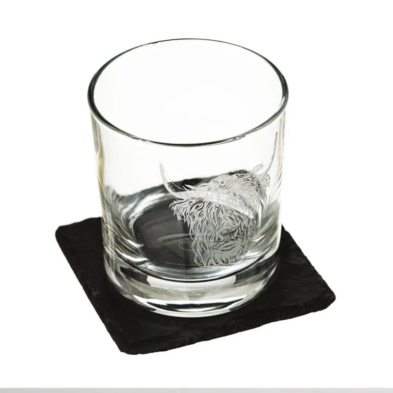 Selbrae House Highland Cow Engraved Glass Tumbler and Slate Coaster Gift Set-1