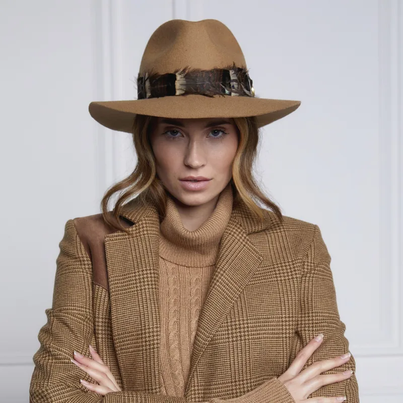 Holland Cooper Trilby Hat Iridescent Feather Band - Camel-4