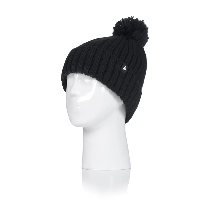 Ladies Heat Holders Arden Ribbed Pom Hat Black