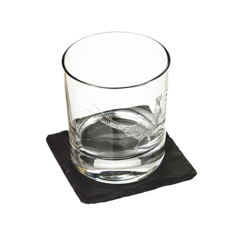 Selbrae House Pheasant Engraved Glass Tumbler and Slate Coaster Gift Set-1