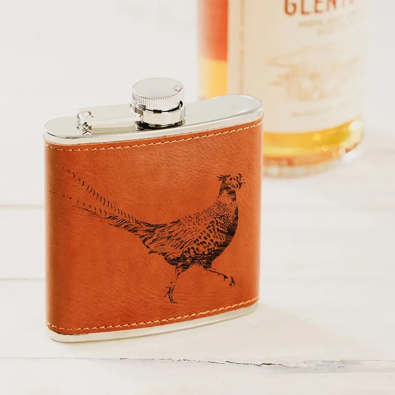 Pheasant Engraved Leather Wrapped Hip Flask