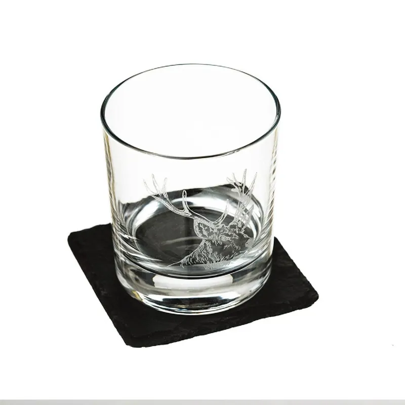 Selbrae House Stag Glass Tumbler With Slate Coaster Gift Set
